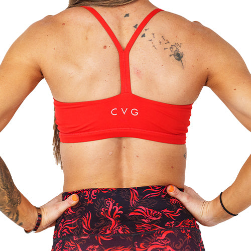 back view of Y strap design on a solid red sports bra