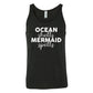 black unisex tank with the saying "ocean shells mermaid spells" in white in the center