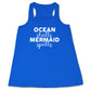 blue racerback tank with the saying "ocean shells mermaid spells" in white in the center