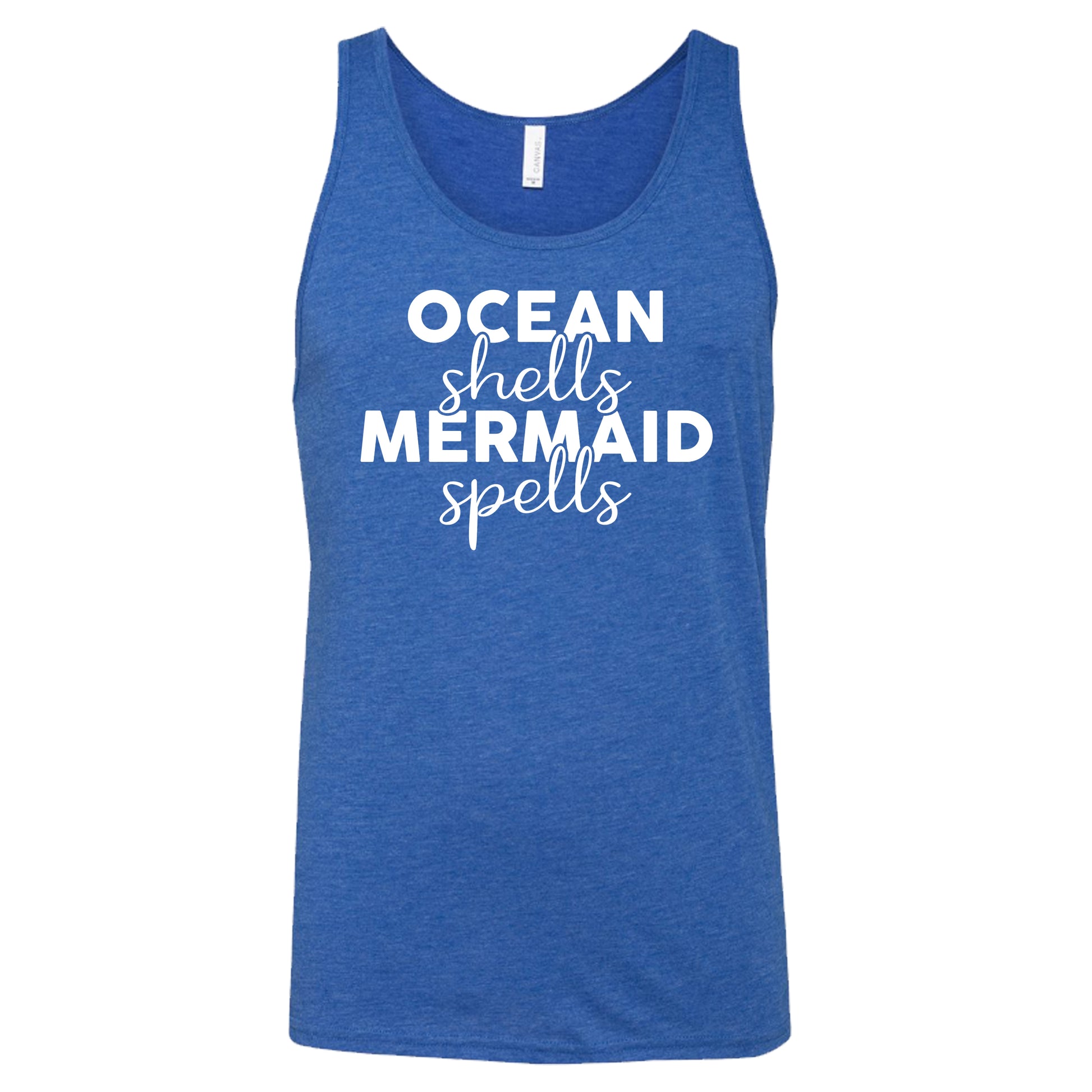 blue unisex tank with the saying "ocean shells mermaid spells" in white in the center