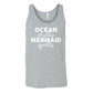 grey unisex tank with the saying "ocean shells mermaid spells" in white in the center