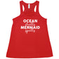 red racerback tank with the saying "ocean shells mermaid spells" in white in the center