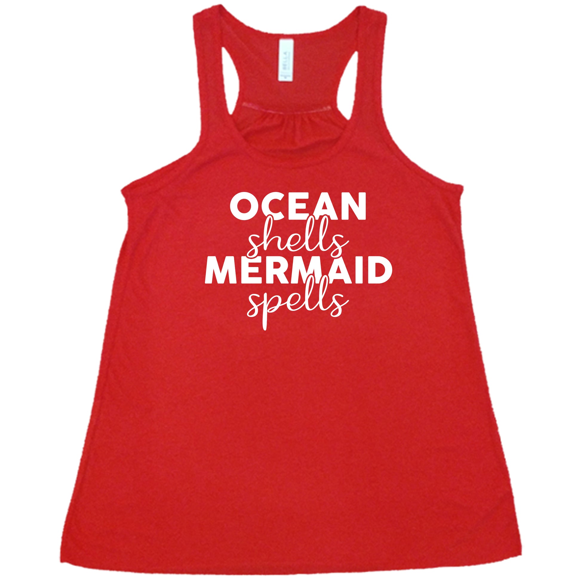 red racerback tank with the saying "ocean shells mermaid spells" in white in the center