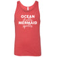 red unisex tank with the saying "ocean shells mermaid spells" in white in the center