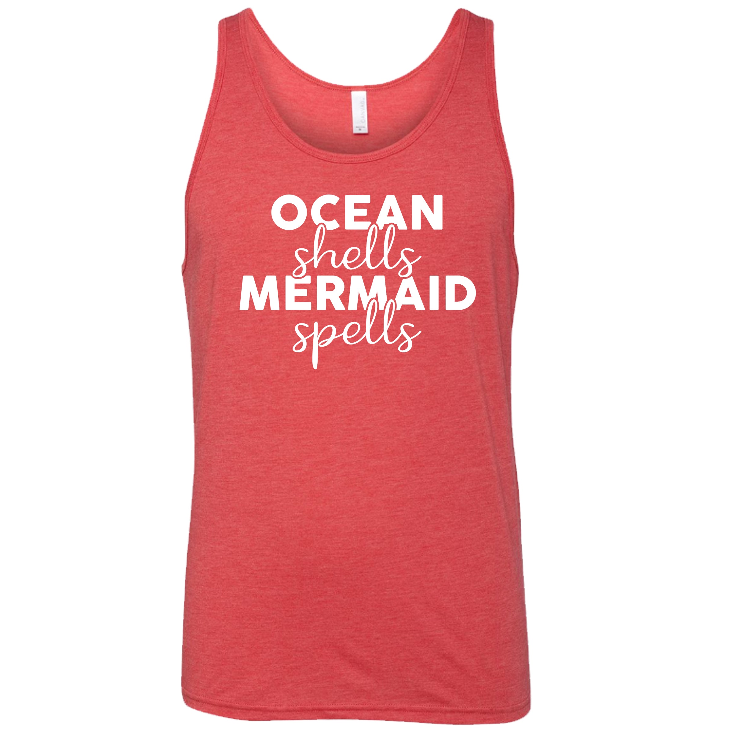 red unisex tank with the saying "ocean shells mermaid spells" in white in the center