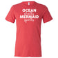 red unisex tee with the saying "ocean shells mermaid spells" in white in the center