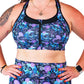 front view of blue and purple skull and jelly fish print front zipper sports bra
