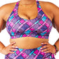 front view of pink, blue and purple paisley sports bra