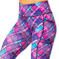 close up of purple, pink and blue paisley pattern leggings