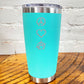 silver peace sign, heart and anarchy symbol on a teal blue 20oz tumbler