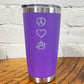 silver peace sign, heart and anarchy symbol on a purple 20oz tumbler