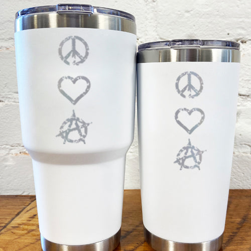 silver peace sign, heart and anarchy symbol on white 30oz and 20oz tumblers