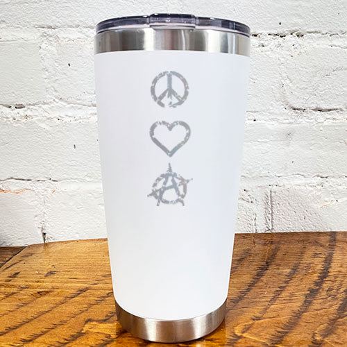 silver peace sign, heart and anarchy symbol on a white 20oz tumbler