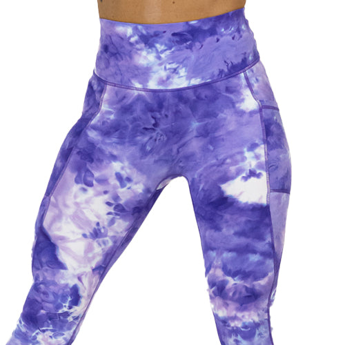 front view of purple colored tie dye leggings