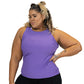 front view of the purple peekaboo back tank top on the model