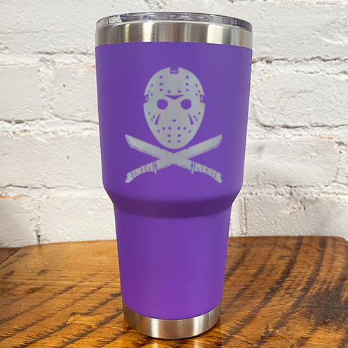 30oz purple tumbler with silver slasher face and criss cross knives below it 