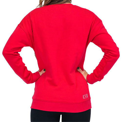 back view of solid red crew neck 