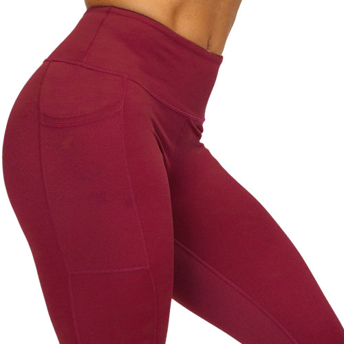 close up of solid maroon leggings 