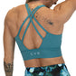 back criss cross strap design on teal green sports bra
