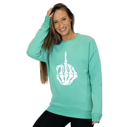 front view of spearmint crew neck with skeleton middle finger design in white