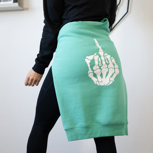 front view of spearmint crewneck with skeleton middle finger design in white