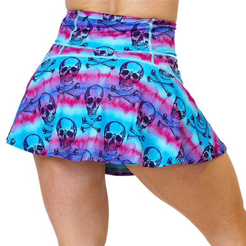 back view of 3.75 inch blue, pink and purple water color and skull patterned skirt
