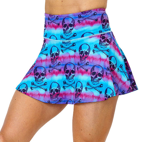 3.75 inch blue, pink and purple water color and skull patterned skirt