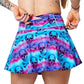 back pocket view on 3.75 inch blue, pink and purple water color and skull patterned skirt