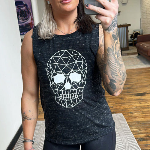 Black marble muscle tank with a geometric skull graphic