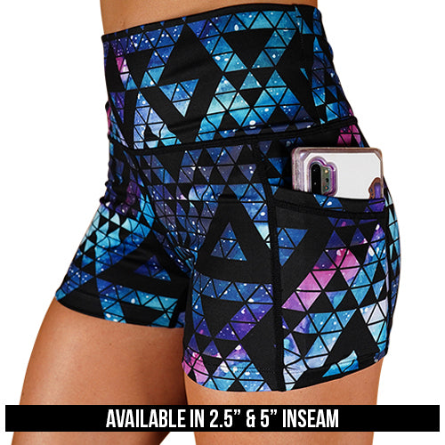 geometric galaxy patterned shorts available in 2.5 inch and 5 inch inseam