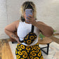 model wearing sunflower pattern belt bag