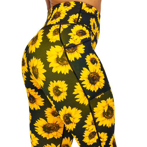 close up back view of sunflower print leggings 
