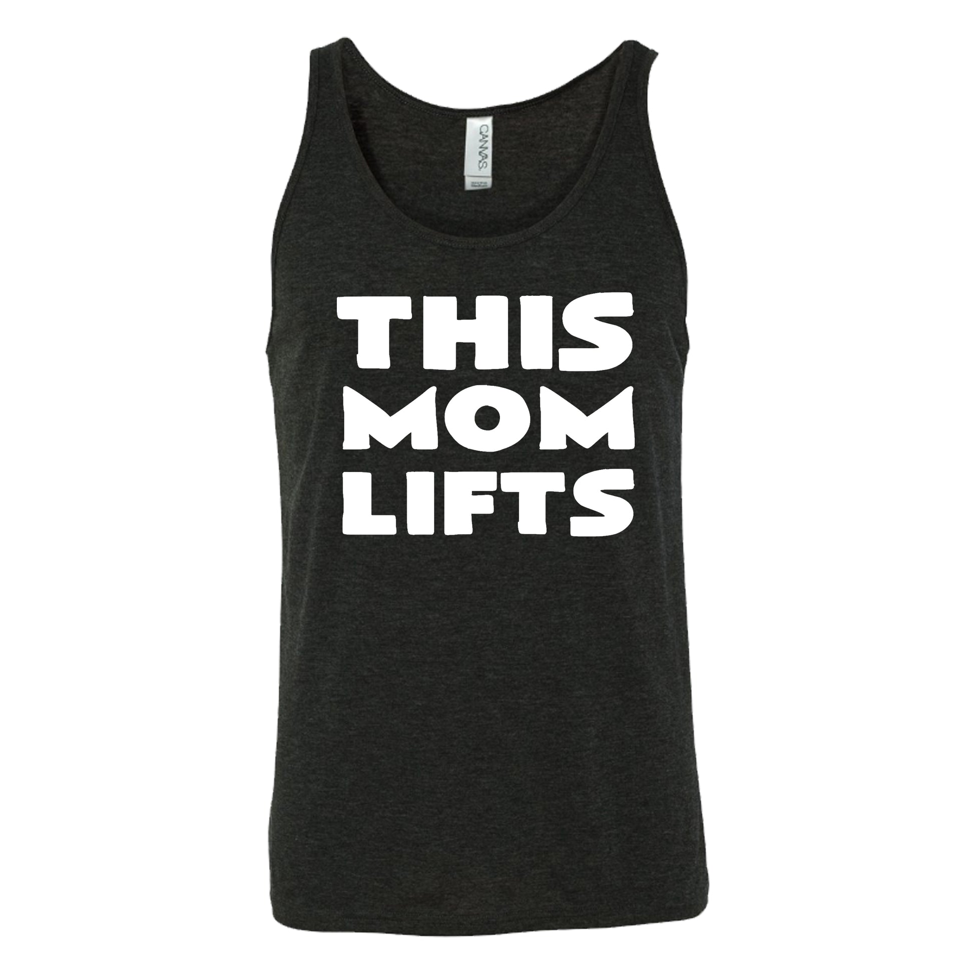 black unisex tank with the saying "this mom lifts" in the center in white lettering