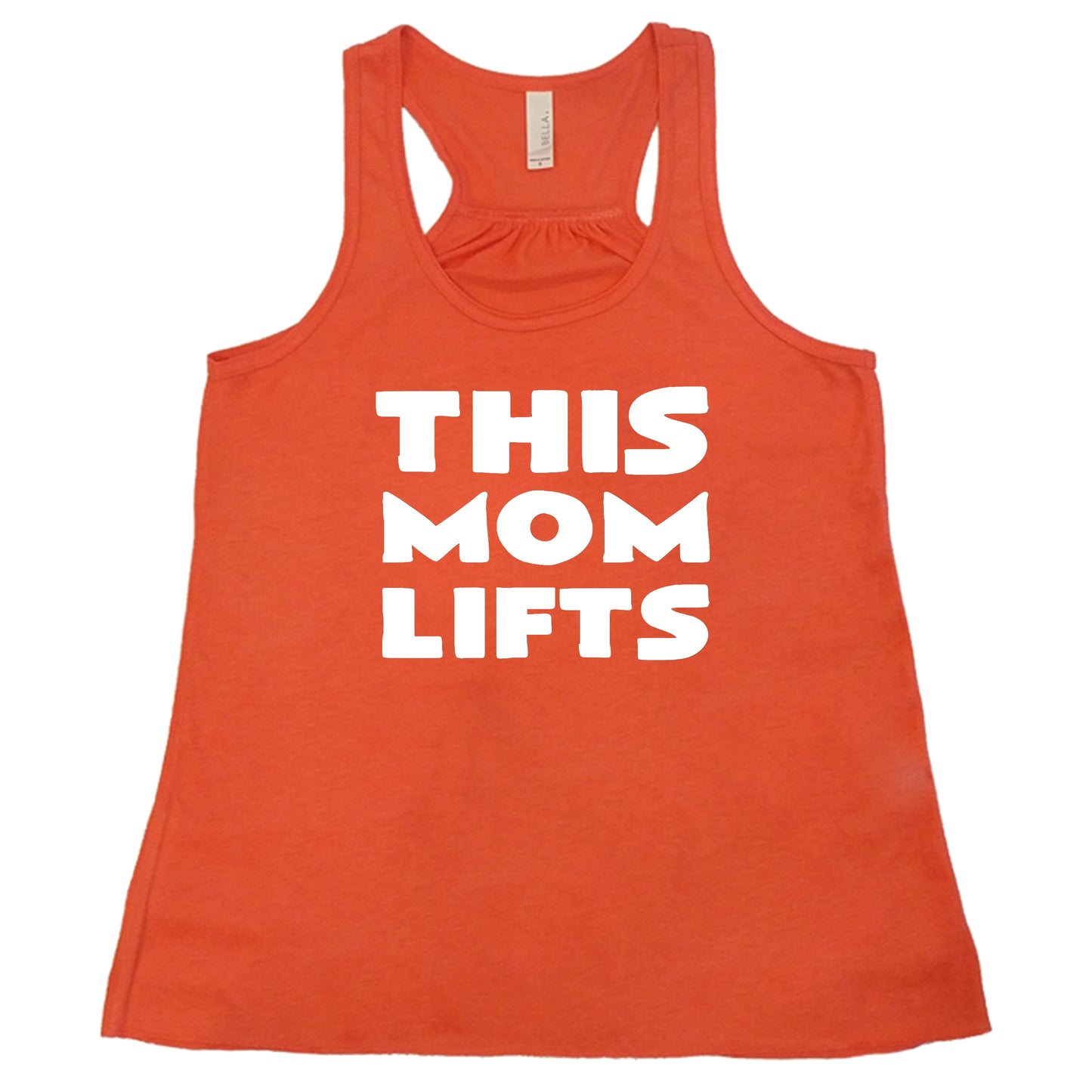 coral racerback shirt with the saying "this mom lifts" in the center in white lettering
