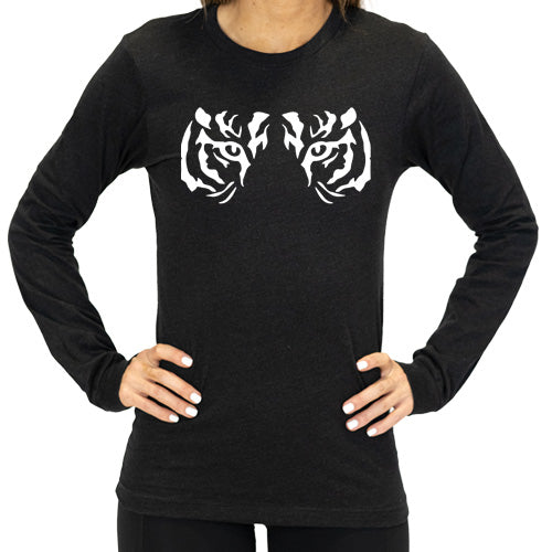 front view of heather black colored long sleeve shirt with tiger eye design in the color white