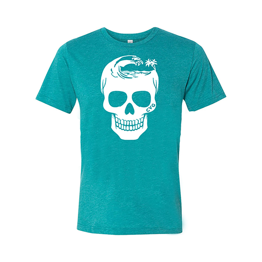 teal unisex tee with tropical skull design