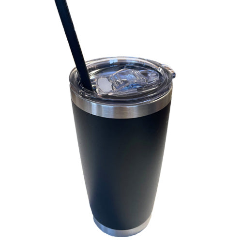 black silicone straw inside a 20oz black tumbler 