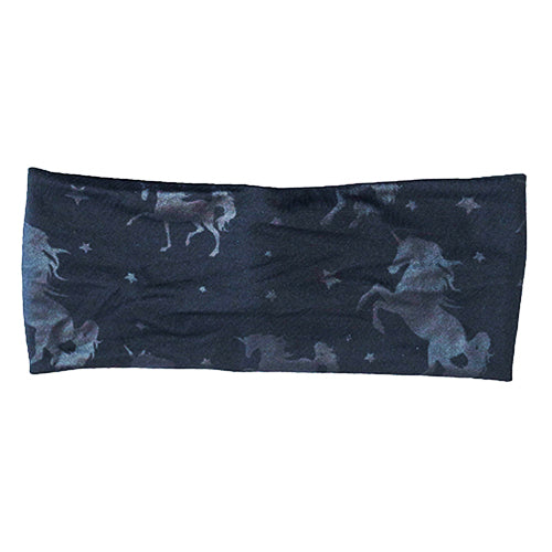 front view of of black headband with grey unicorn and stars detail