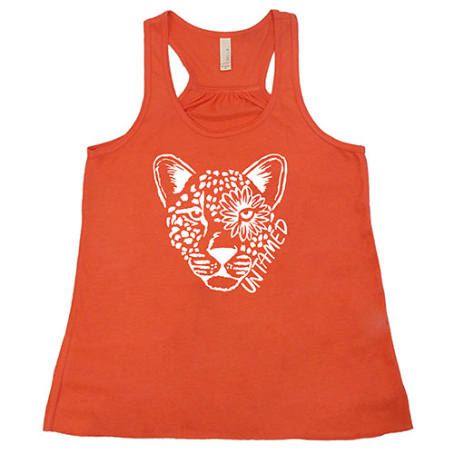 coral tank top with tiger head design saying untamed on it
