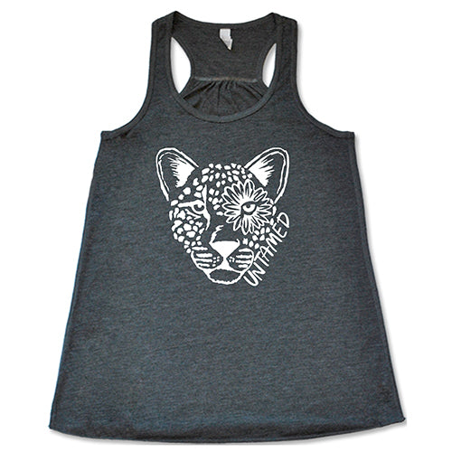 grey tank top with tiger head design saying untamed on it