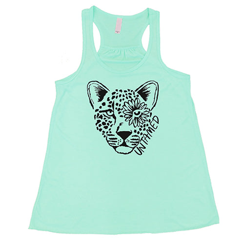 mint tank top with tiger head design saying untamed on it