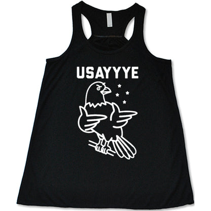 black tank with saying "usayyye" and an eagle in white