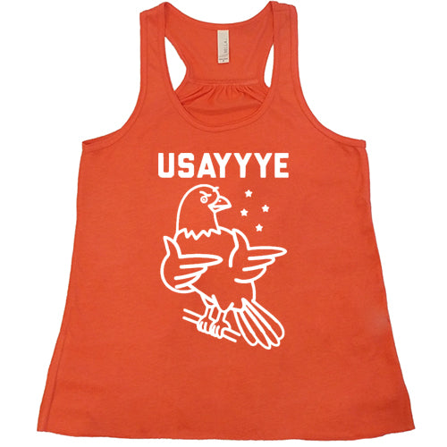 coral tank with saying "usayyye" and an eagle in white
