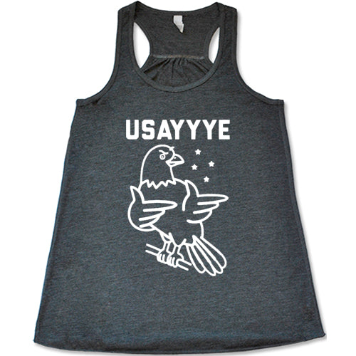 grey tank with saying "usayyye" and an eagle in white