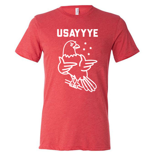 red unisex with saying "usayyye" and an eagle in white