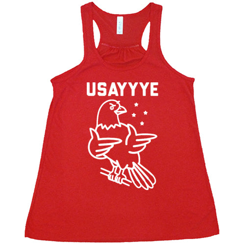 red tank with saying "usayyye" and an eagle in white