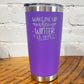 20oz purple tumbler with silver saying "wake me up when winter is over" with mini snowflakes around it
