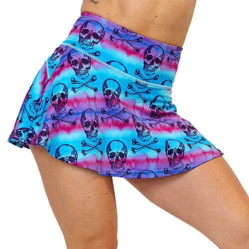 3.75 inch blue, pink and purple water color and skull patterned skirt