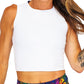 Close up photo of a model wearing a white fitted crop top