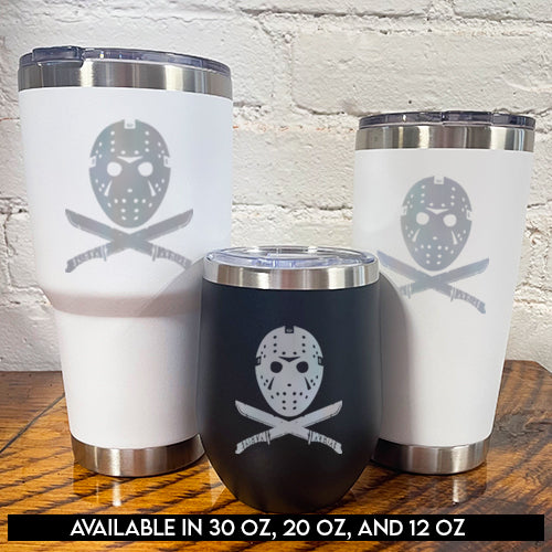 30oz white tumbler, 12oz black tumbler and 20oz white tumbler with silver slasher face and criss cross knives below it 